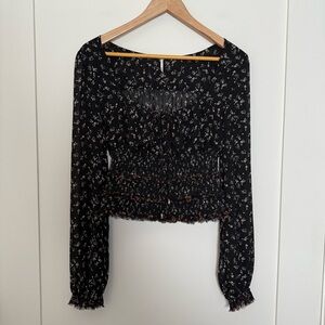 Free People Printed Lolita Top Black M Floral Smocked Long Sleeve Peasant Boho